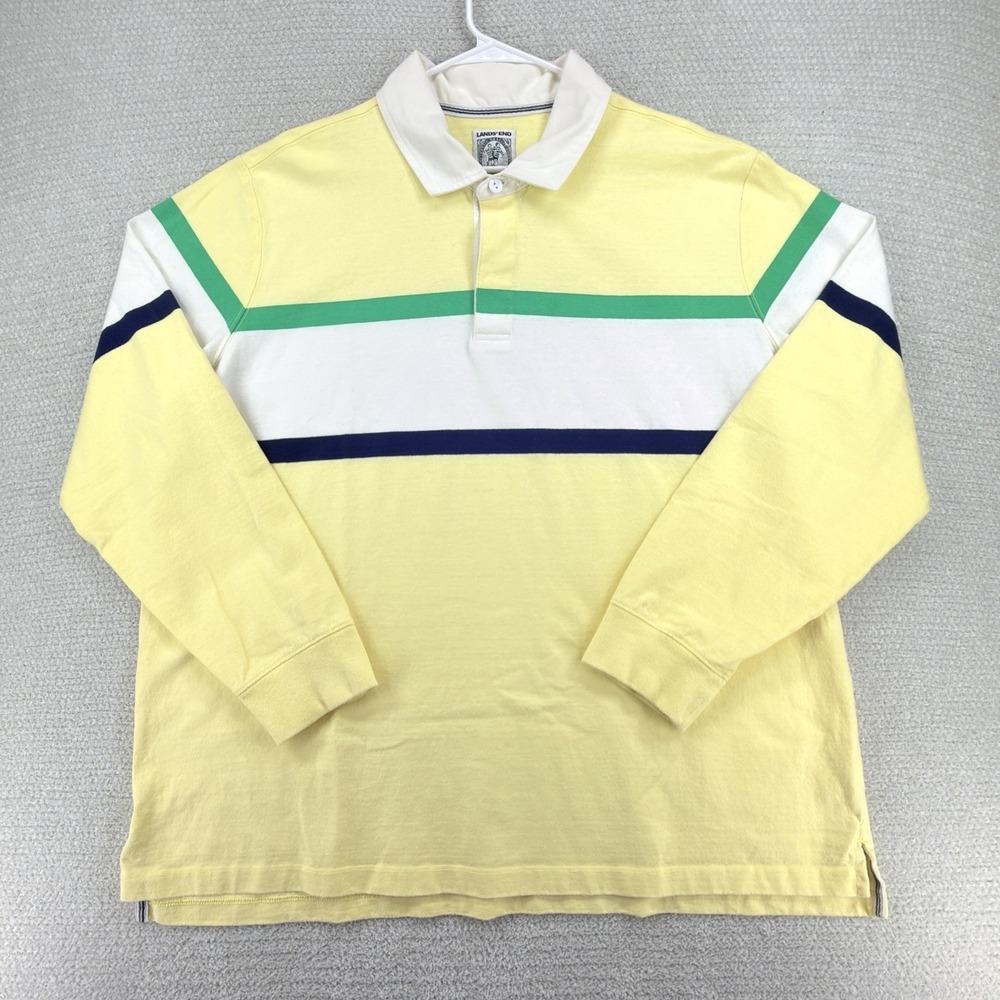 Lands' End Rugby Shirt Mens XXL Yellow Striped Long Sleeve Cotton Preppy